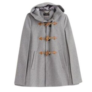 J. Crew Gray Wool Toggle Hooded Cape Coat with Tan Leather Accents